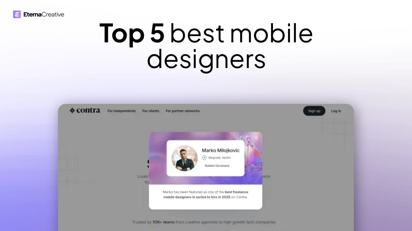 Screenshot of Contra recognition for top freelance mobile designer in Serbia