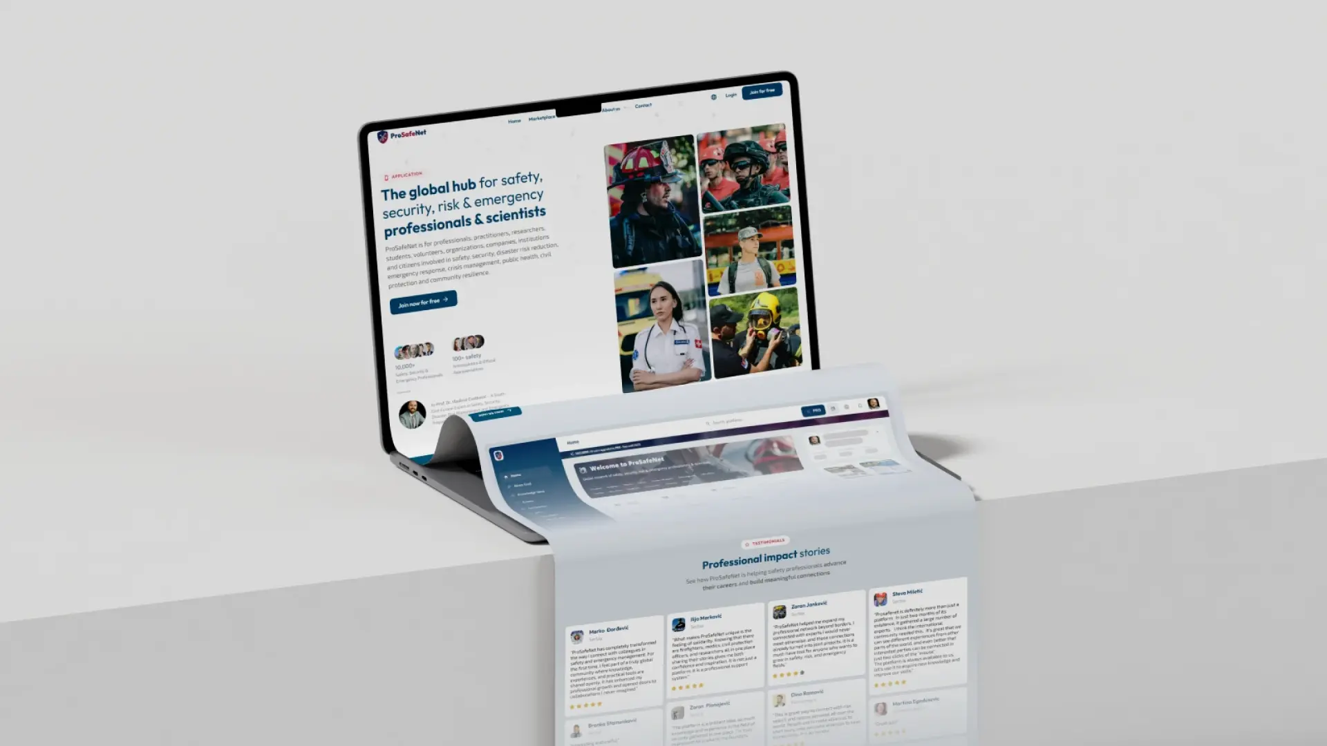 ProSafeNet marketing homepage on a laptop — global hub for safety and emergency professionals