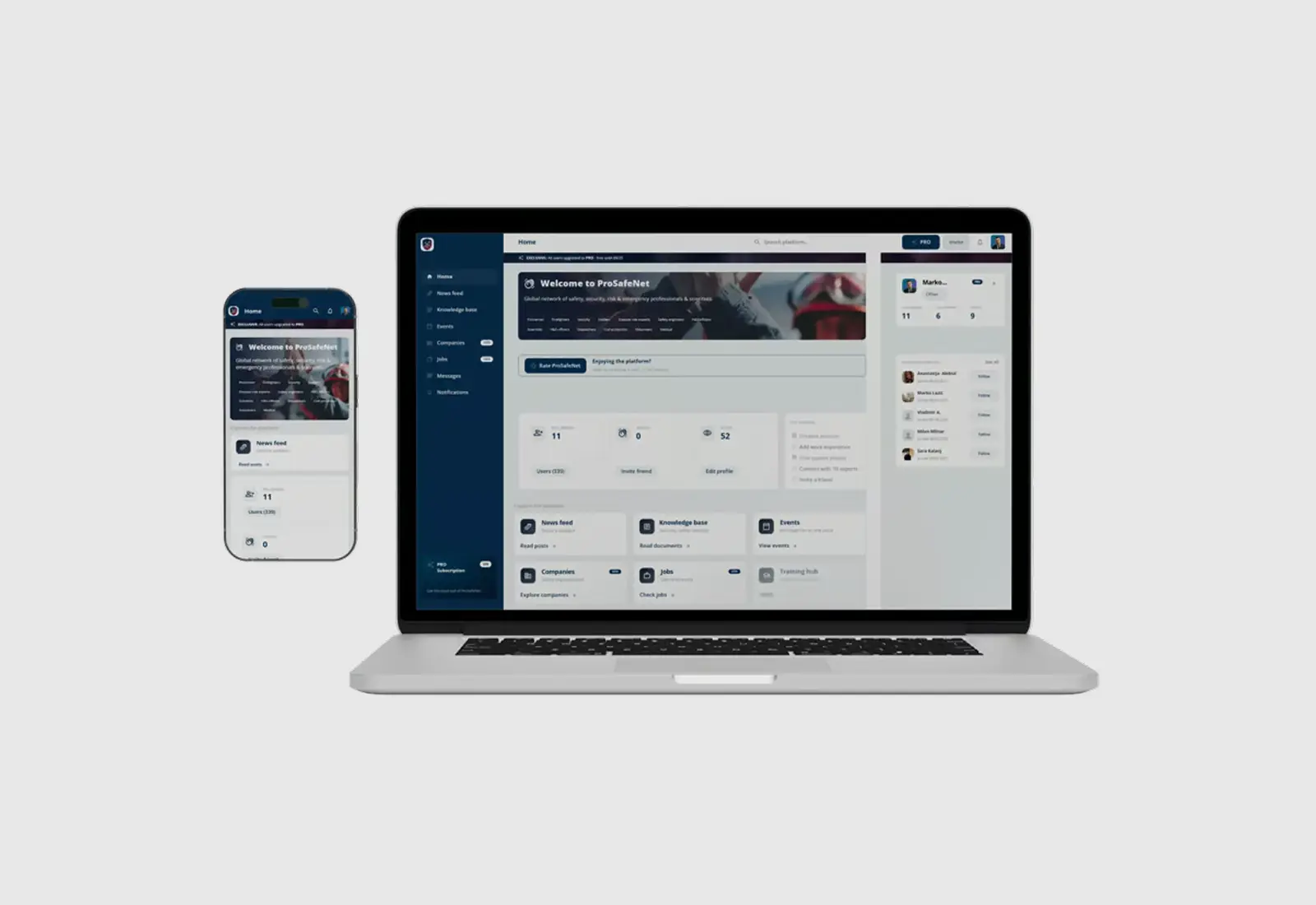 ProSafeNet home screen with welcome banner, stats, and module cards on desktop and mobile