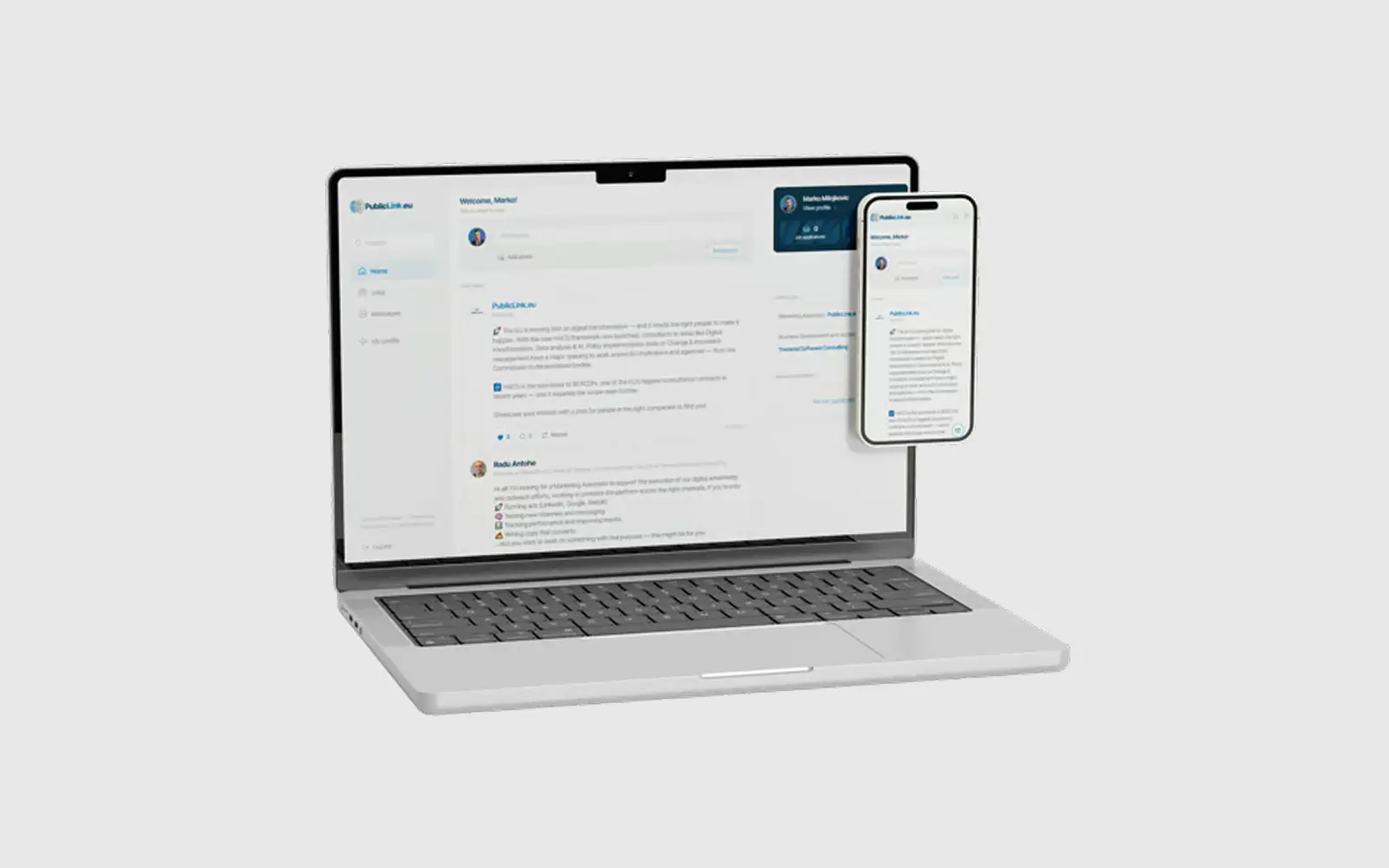 PublicLink consultant app feed — home, jobs, messages, and profile