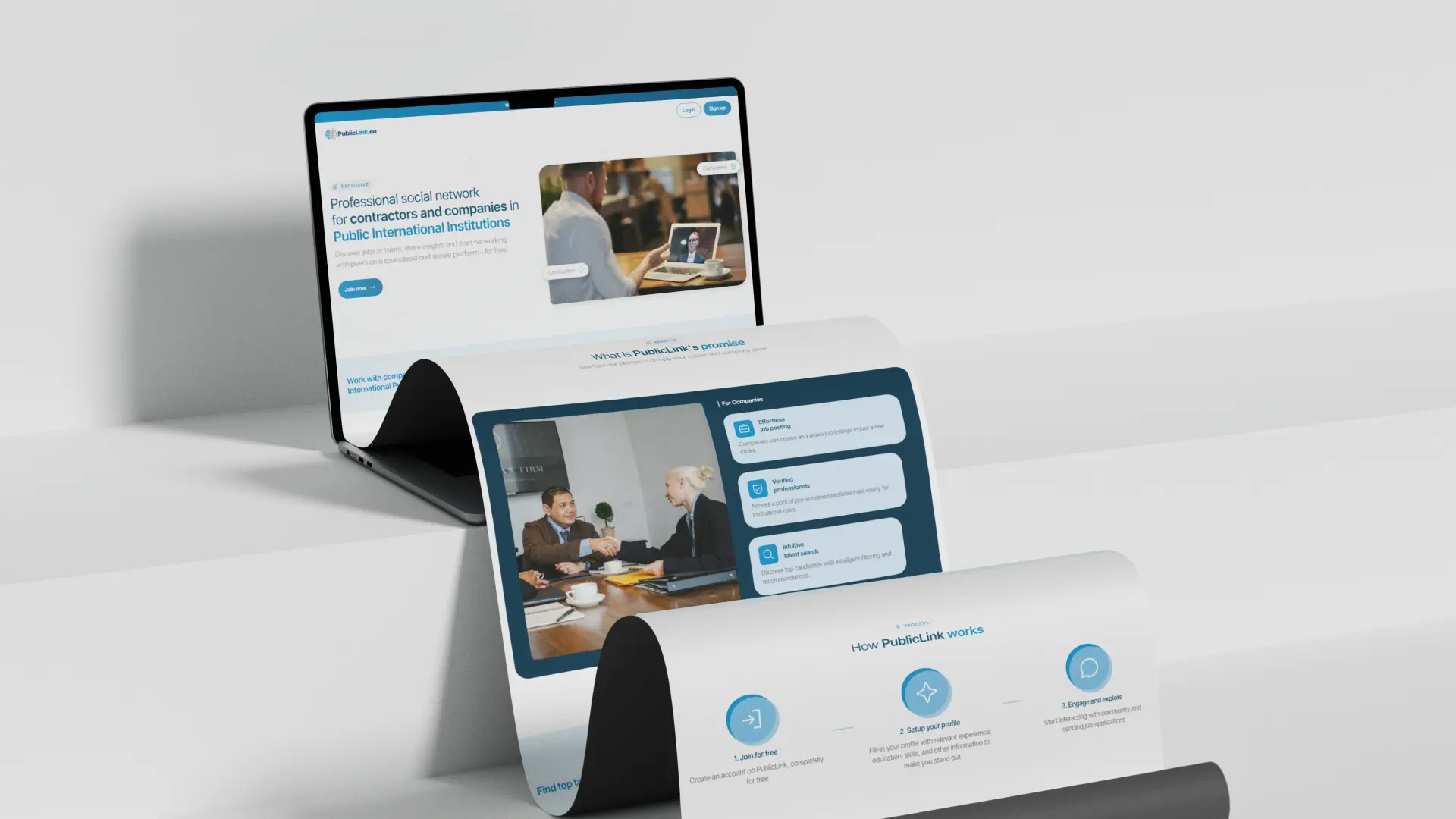 PublicLink product and marketing surfaces on a laptop with a scrolling site preview
