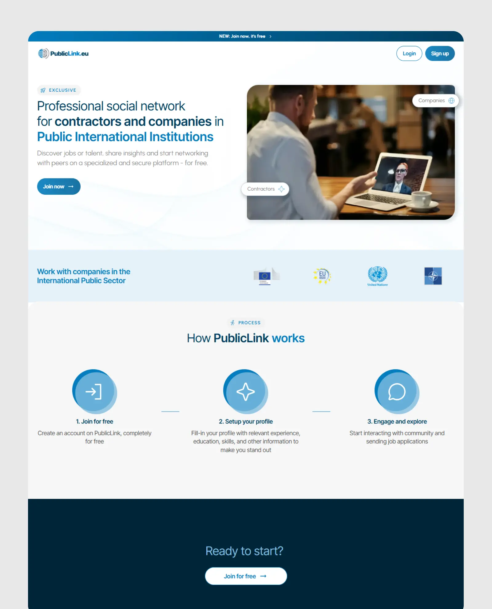 PublicLink homepage long view — hero, institutions, and how it works
