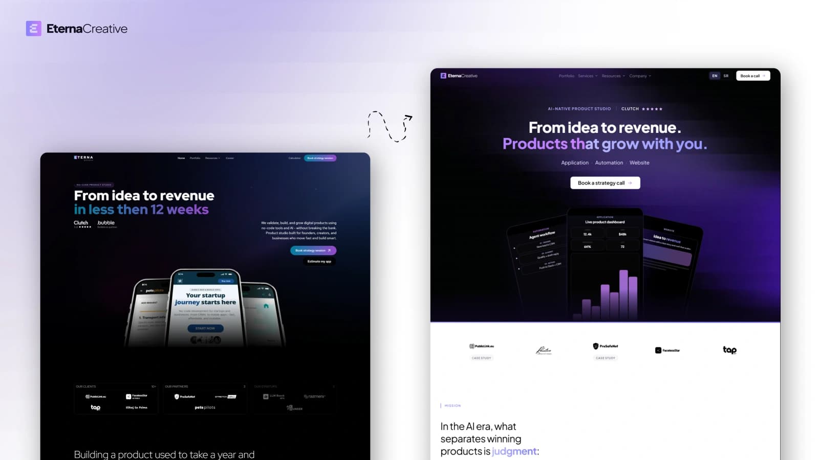 Before and after: Eterna Creative website migrated from Bubble to Next.js