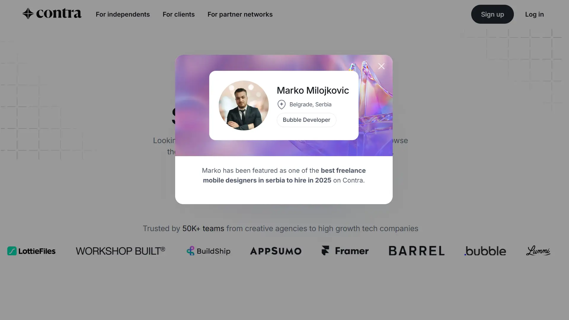 Screenshot of Contra recognition for top freelance mobile designer in Serbia