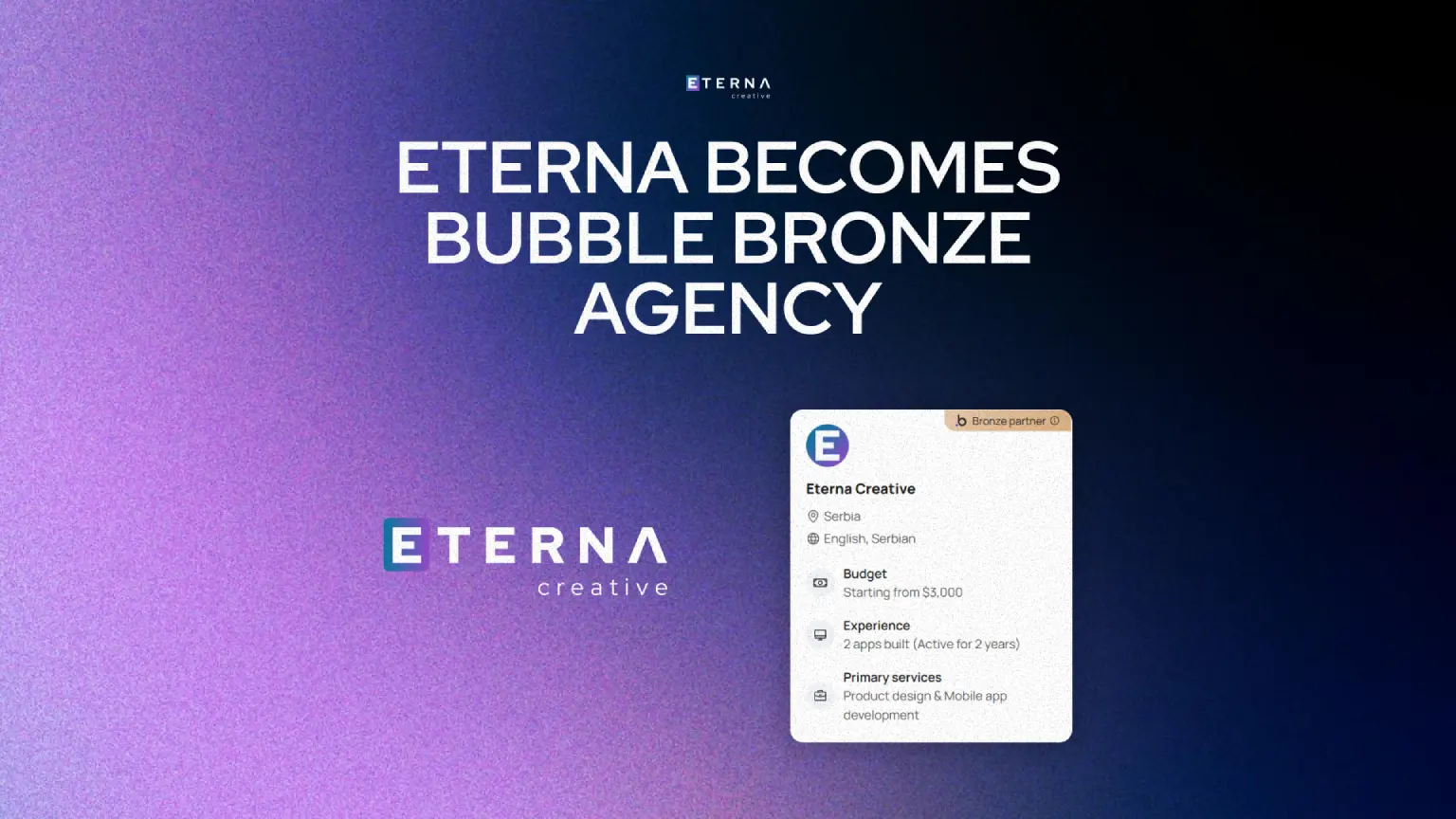 ETERNA Creative Bronze Tier Bubble.io agency badge announcement