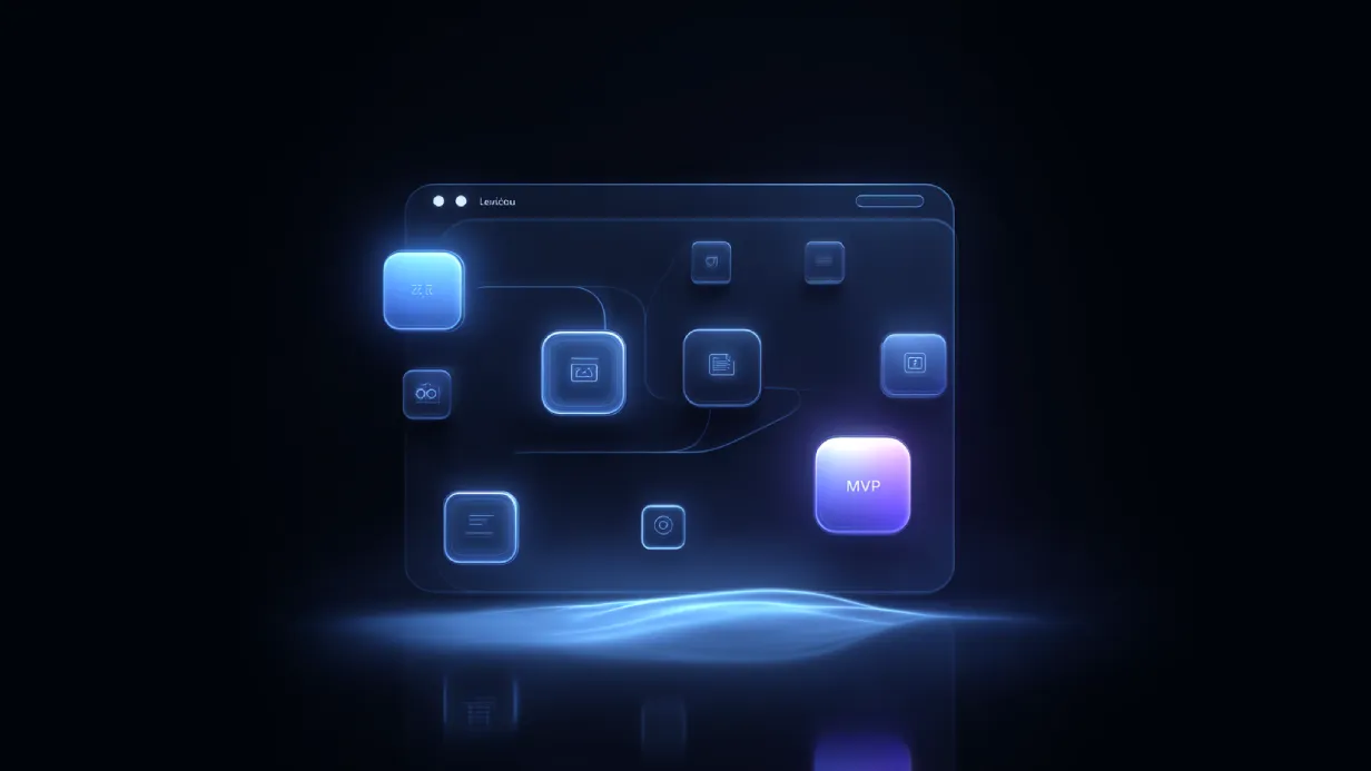 Abstract illustration of a lean MVP concept with minimal UI icons and one standout feature element