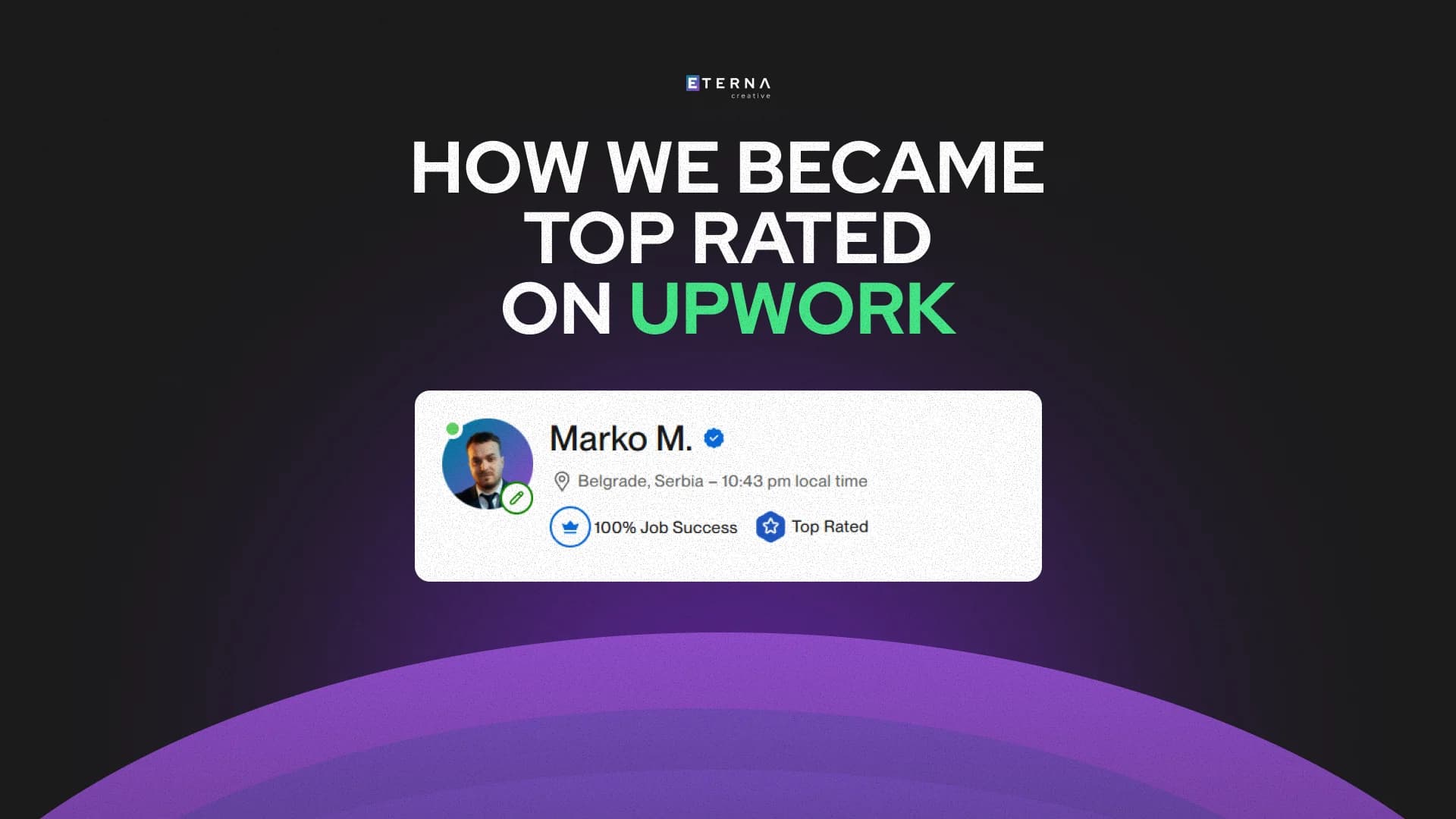 Top Rated Upwork badge for Eterna Creative showing 100% job success score and 5-star ratings for no-code Bubble.io